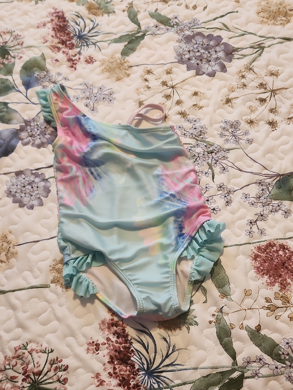 Girl's Pastel Tie-Dye One-Shoulder Ruffle Swim Suit